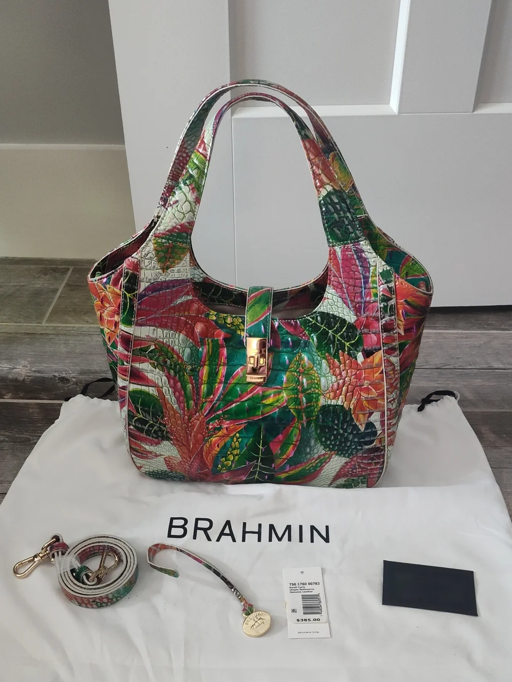 Brahmin Multicolor Floral Embossed Leather Shoulder Bag - Green, Pink, Orange